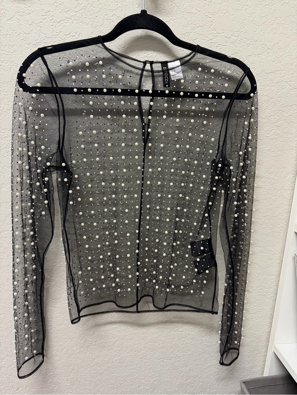 H&M Black Sheer Long-Sleeve Top with Pearl Embellishments